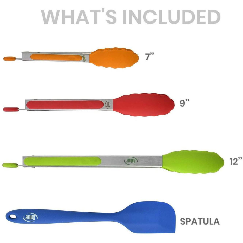 4-Pack: Kaluns Kitchen Tongs for Cooking with Silicone Spatula